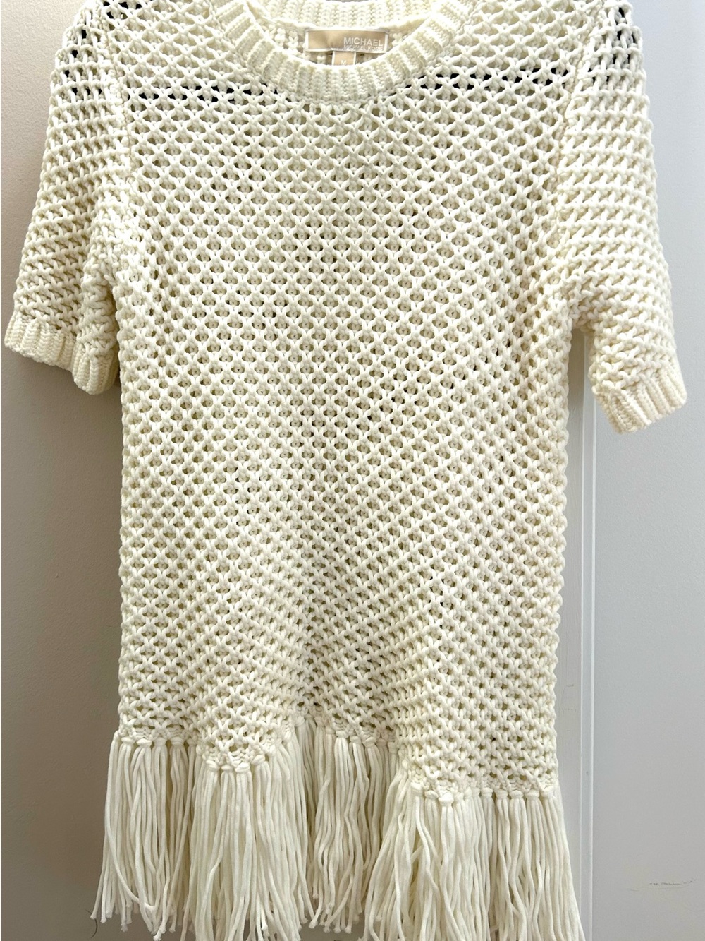 Michael Kors Women's Fringed Crochet Open-Knit Sweater in Cream White  Sz M